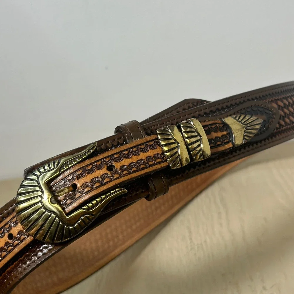 Vintage 90's Nocona Western Belt 36 Womens‎ Brown Tooled Basketweave Gold Buckle